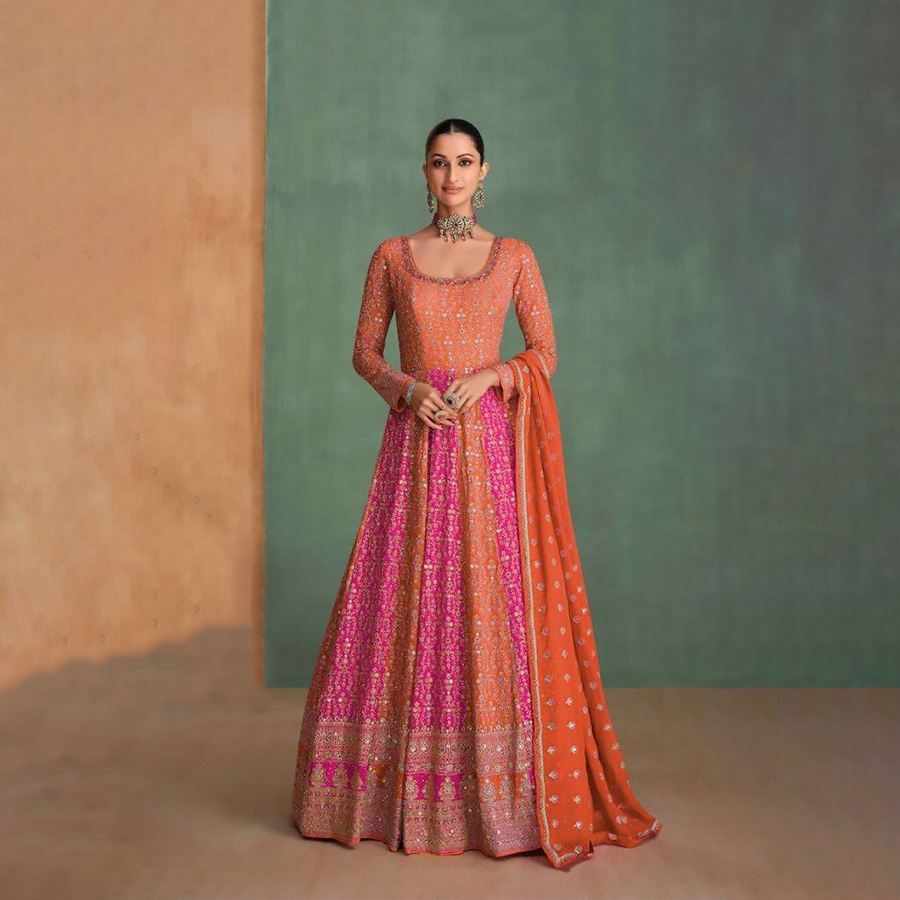 Pink & orange Georgette Designer Suit